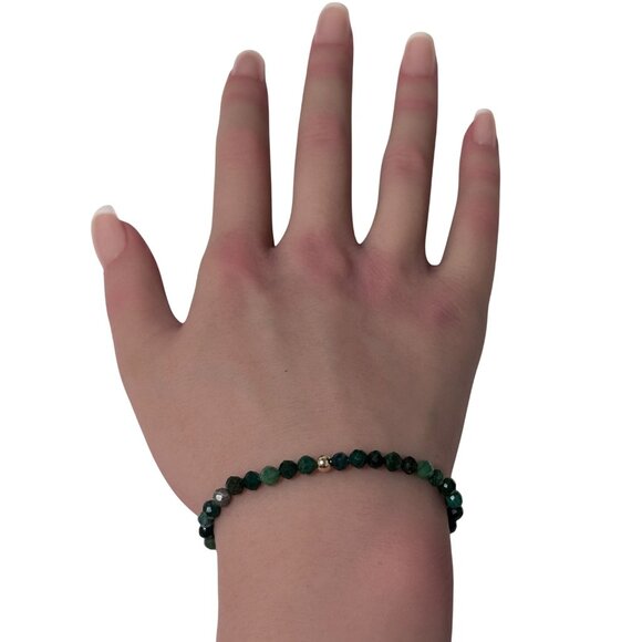 Emerald Micro Faceted Gemstone Beaded Stretch Bracelet with 14K Gold Accent Bead - Picture 6 of 6